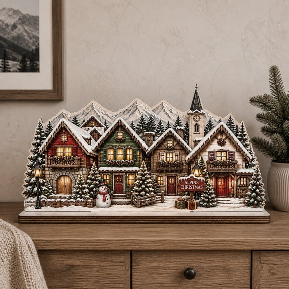Wooden Block Alpine Snowy Christmas Village Tabletop Decor for Holiday Mantel Display