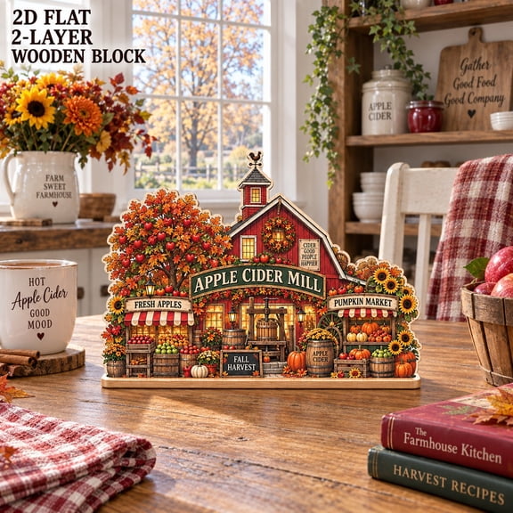 Wooden Block Apple Cider Mill Farmhouse Scene, Layered Tabletop Display for Fall Harvest