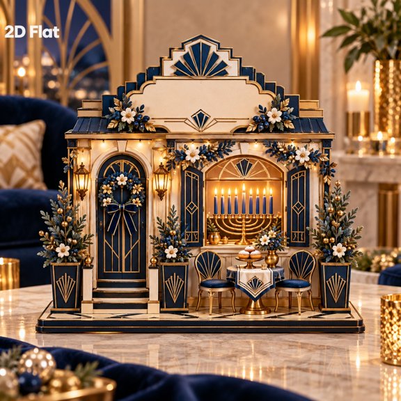Wooden Block Art Deco Hanukkah Townhouse Tabletop Display for Holiday Hosts