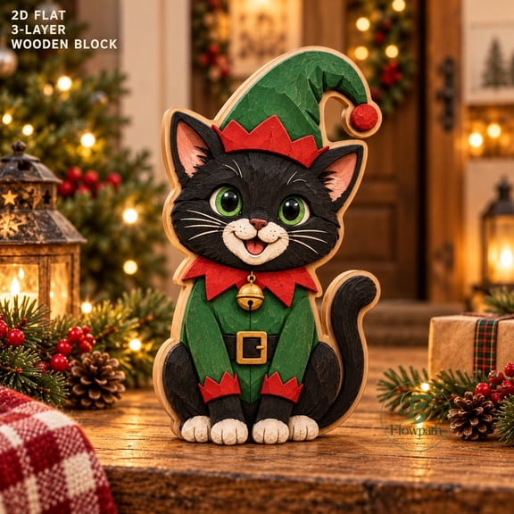 Wooden Block Black Cat Elf Figurine for Christmas Mantel Display