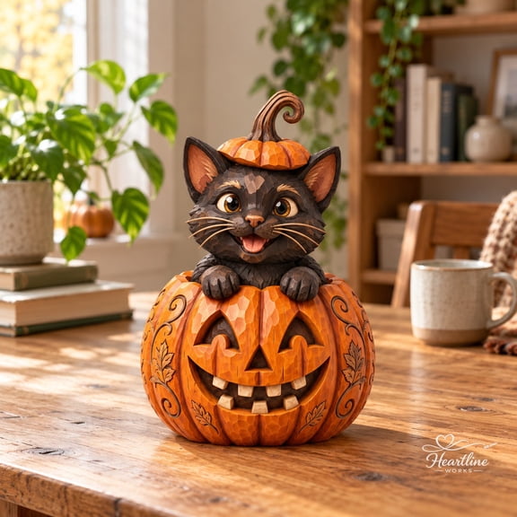Wooden Block Black Cat Jack-O'-Lantern Tabletop Display for Halloween Hosts