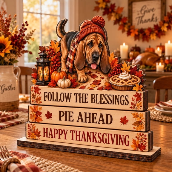 Wooden Block Bloodhound Thanksgiving Scene, Freestanding Tabletop Accent for Dog Lovers