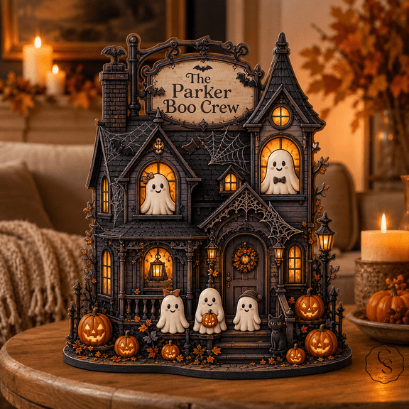 Wooden Block Boo Crew Haunted House Wood Tabletop Decor for Halloween Families