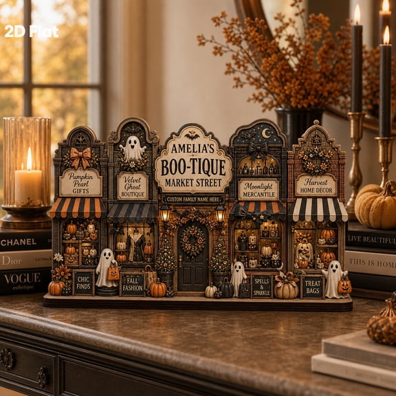 Wooden Block Boo-tique Market Street Halloween Decor Wooden Tabletop Display for Shelf or Entryway