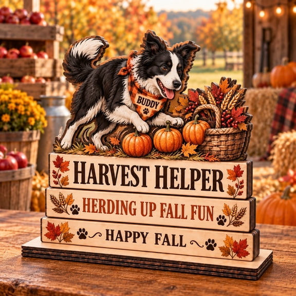 Wooden Block Border Collie Harvest Helper with Pumpkins, Tabletop Decor for Thanksgiving and Dog Lovers