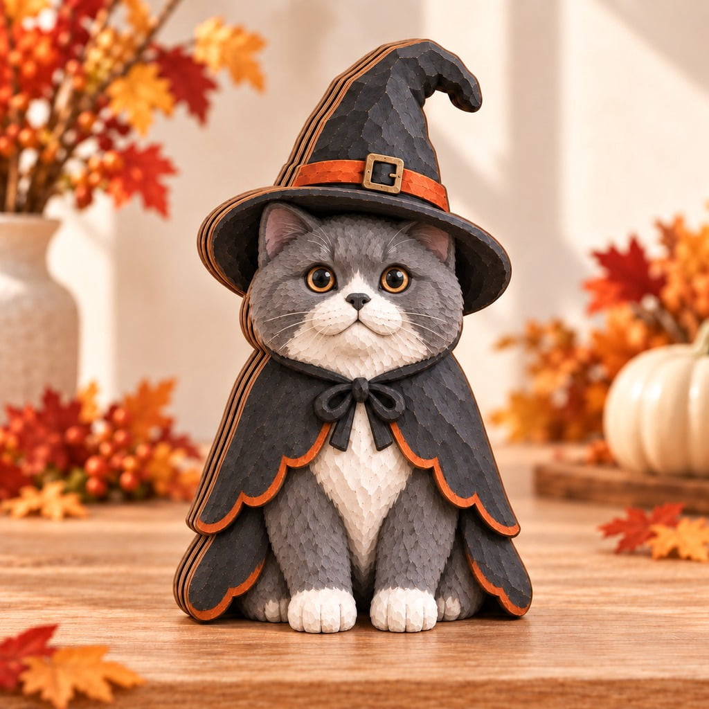 Wooden Block British Shorthair Witch Tabletop Display for Halloween Pet ...