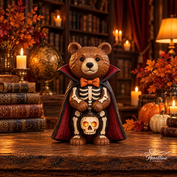 Wooden Block Brown Bear Skeleton Gothic Shelf Display for Halloween Lovers