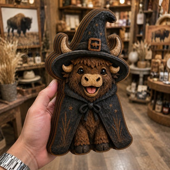 Wooden Block Buffalo Witch Hat 3 Layer Shelf Sitter Decor for Rustic Halloween Fans