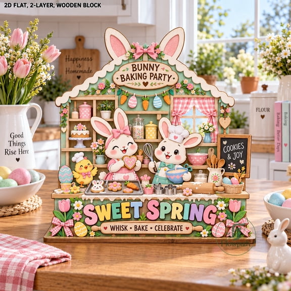 Wooden Block Bunny Baking Party Pastel Spring Table Display for Easter Hosts