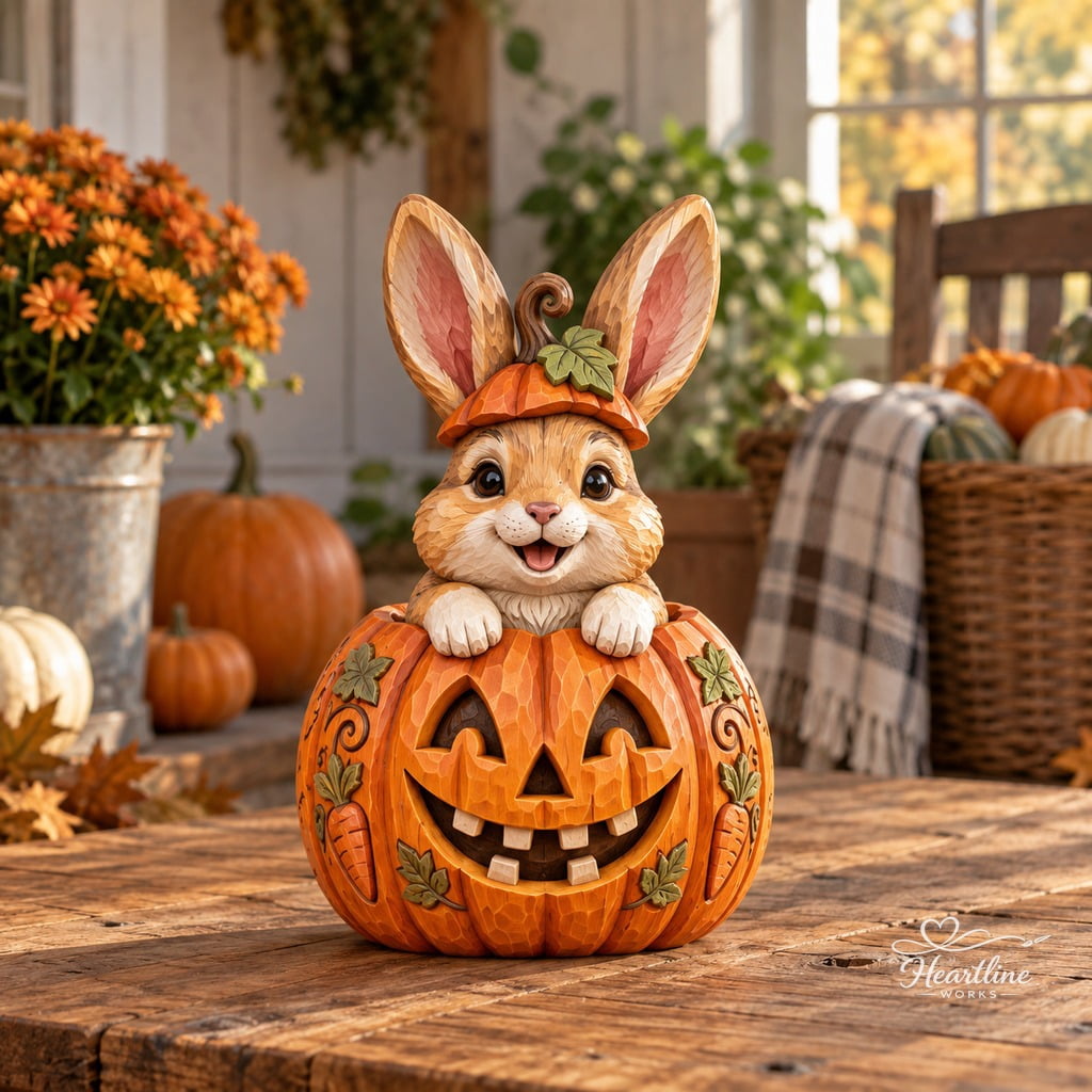 Wooden Block Bunny Rabbit Carved Pumpkin Farmhouse Shelf Display for ...