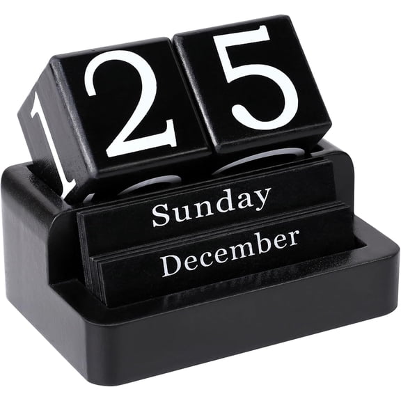 Wooden Block Calendar for Desk, Daily Desktop Perpetual Desk Calendar, Modern Farmhouse Aesthetic Desk Accessories for Home Office Decor, Teacher, Classroom, Reusable Yearly, Black
