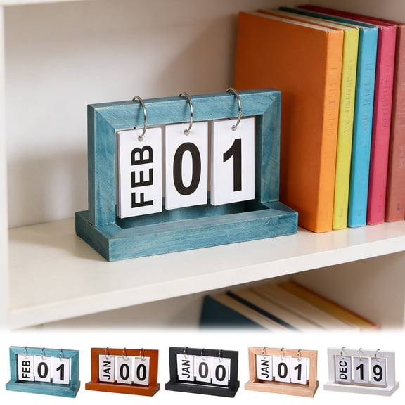 Wooden Block Calendar for Desk, Daily Desktop Standing Flip Calendar with Large Display, Modern Farmhouse Aesthetic Desk Accessories for Home Office Decor, Reusable Yearly, Beige