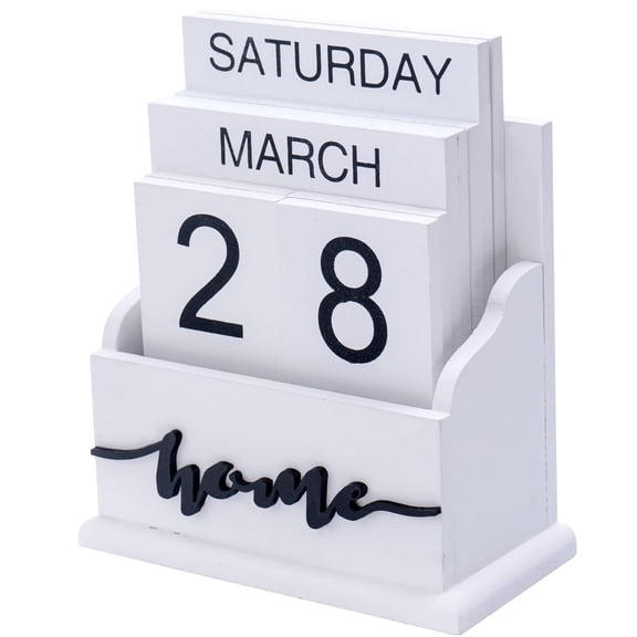 Wooden Block Calendar for Desk, Wood Desktop Month Week Date Display Calendar,  Home Office Decor Aesthetic Desk Accessories (White)