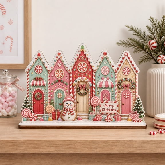 Wooden Block Candyland Christmas Village Tabletop Decor for Mantel or Shelf Holiday Display