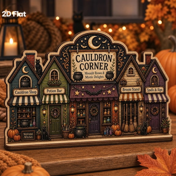 Wooden Block Cauldron Corner Halloween Village Wood Tabletop Decor for Halloween Lovers