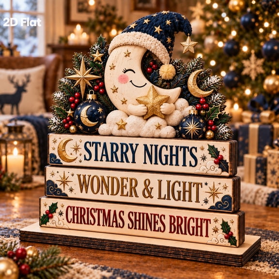 Wooden Block Celestial Christmas Tabletop Display for Holiday Hosts