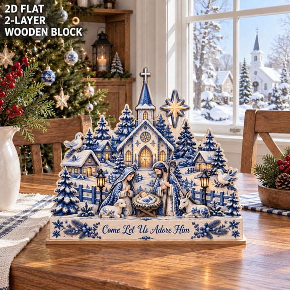 Wooden Block Christian Christmas Village Nativity Tabletop Display for Churchgoers