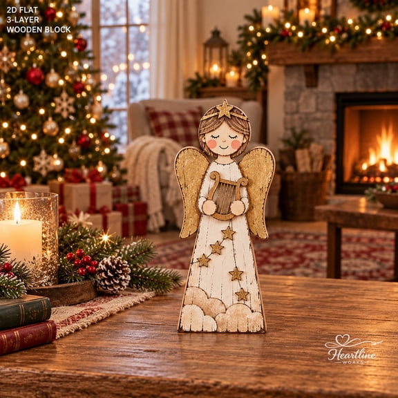 Wooden Block Christmas Angel with Golden Wings Tabletop Display for Holiday Mantel
