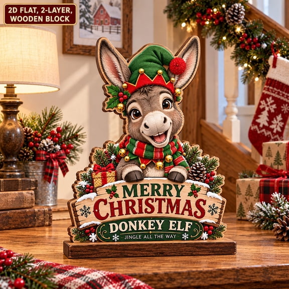 Wooden Block Christmas Donkey Elf Tabletop Display for Holiday Decor