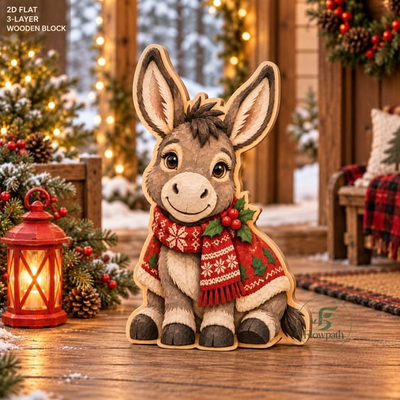 Wooden Block Christmas Donkey Figurine for Festive Shelf Display, Holiday Gift