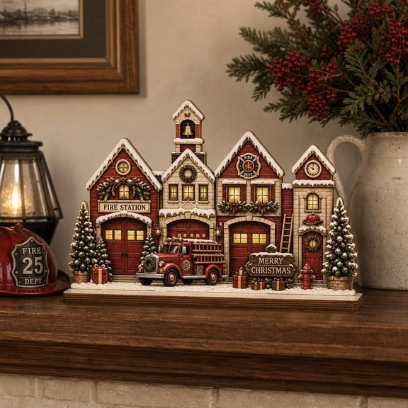 Wooden Block Christmas Fire Station Village Wood Tabletop Decor for Holiday Mantel Display