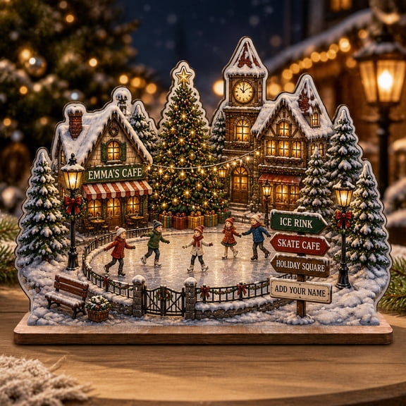 Wooden Block Christmas Ice Skating Village Wood Tabletop Display for Holiday Gift Giving