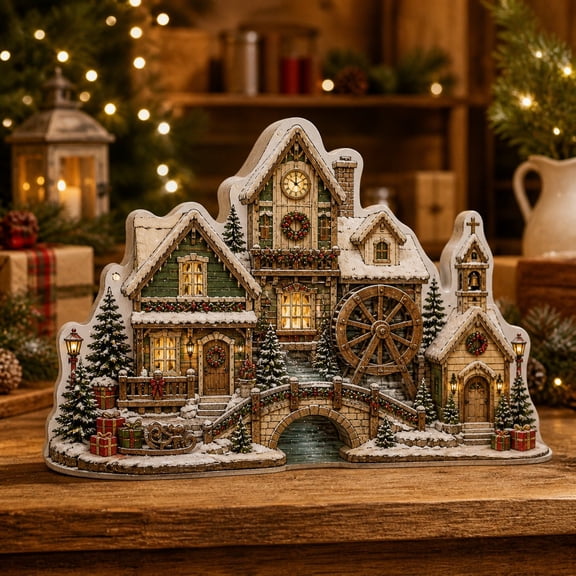 Wooden Block Christmas Mill Village Wood Tabletop Display for Holiday Mantel