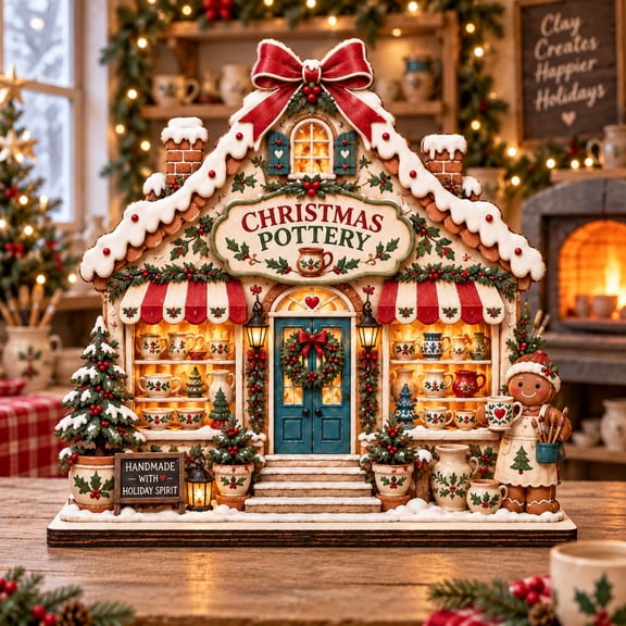Wooden Block Christmas Pottery Studio Tabletop Display for Ceramic Lovers