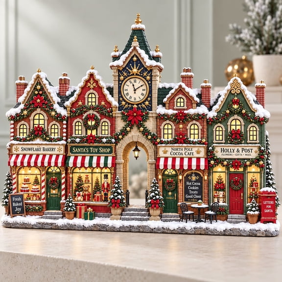 Wooden Block Christmas Town Clock Tower and Shops Tabletop Decor for Christmas