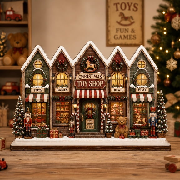 Wooden Block Christmas Toy Shop Village Wood Tabletop Decor for Holiday Mantel Display