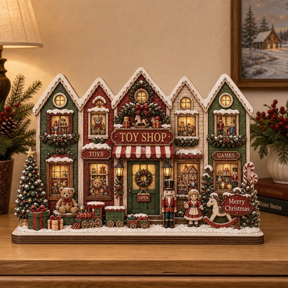 Wooden Block Christmas Toy Shop Village Wood Tabletop Decor for Holiday Mantel Display