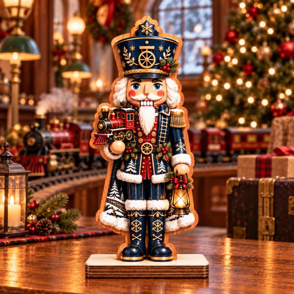 Wooden Block Christmas Train Conductor Nutcracker Tabletop Display for Railway Enthusiasts