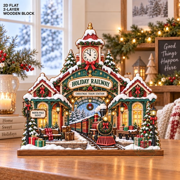 Wooden Block Christmas Train Station 2-Layer Tabletop Display for ...