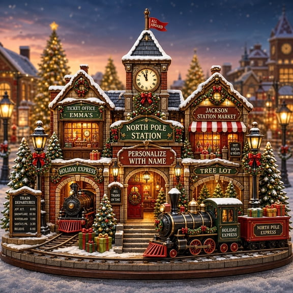 Wooden Block Christmas Train Station Village Wood Tabletop Display Personalized Holiday Gift