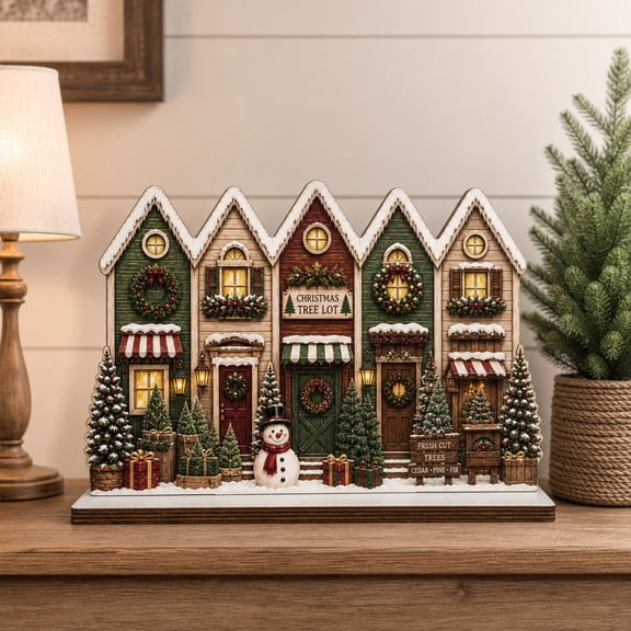 Wooden Block Christmas Tree Lot Village Wooden Tabletop Decor for Holiday Mantel Display