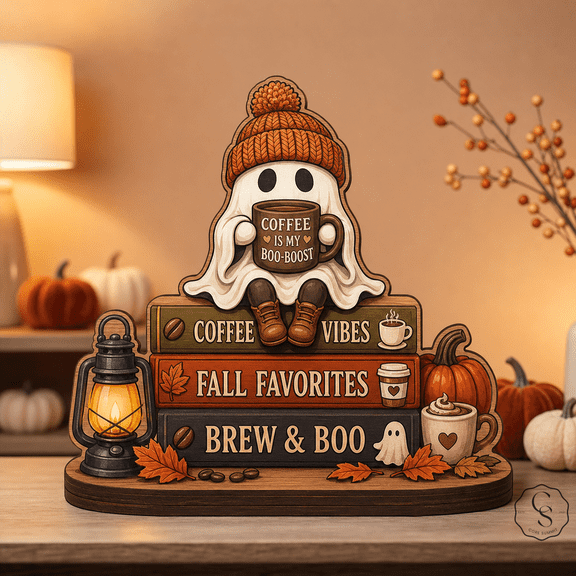 Wooden Block Coffee Lover Ghost Wooden Tabletop Decor for Halloween Coffee Lovers