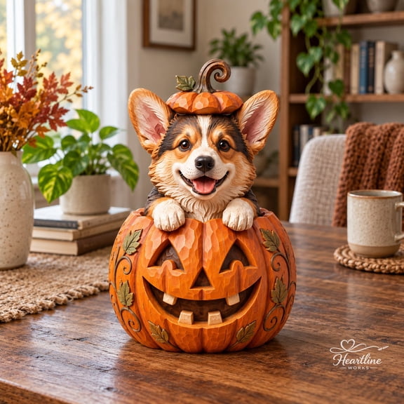 Wooden Block Corgi Jack-o'-Lantern Carved Style Tabletop Halloween Gift