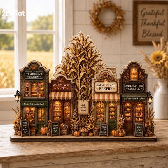 Wooden Block Cornfield Market Town Wood Tabletop Decoration for Fall Mantel Display