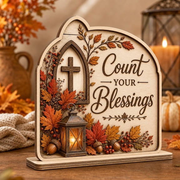 Wooden Block Count Your Blessings Harvest Wood Tabletop Display for Thanksgiving