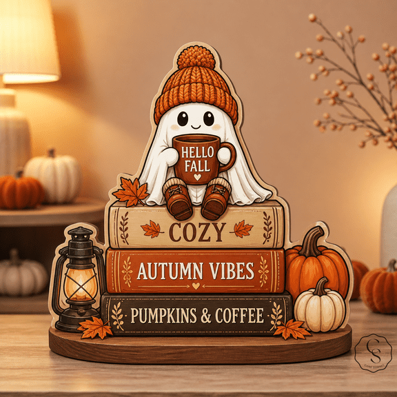 Wooden Block Cozy Autumn Ghost Wood Tabletop Decor for Halloween Coffee Bar
