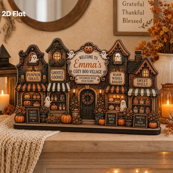 Wooden Block Cozy Boo Village Wood Tabletop Halloween Decoration for Mantel Entryway