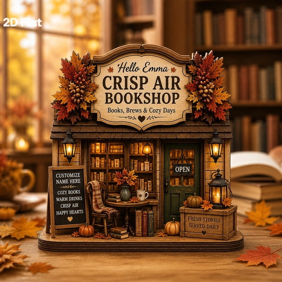 Wooden Block Crisp Air Bookshop Fall Wood Shelf Decor for Thanksgiving Book Lovers