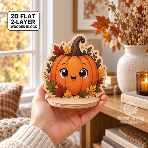Wooden Block Cute Halloween Pumpkin with Autumn Leaves, 2-Layer Tabletop Decoration for Fall Parties