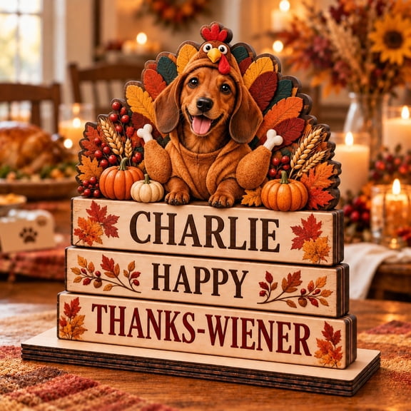 Wooden Block Dachshund Turkey Personalized Name Sign for Thanksgiving Tabletop Display, Dog Lovers
