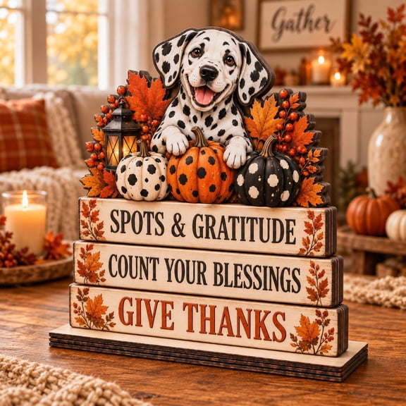 Wooden Block Dalmatian and Spotted Pumpkin Fall Sign for Tabletop Display, Thanksgiving Gift for Dog Lovers