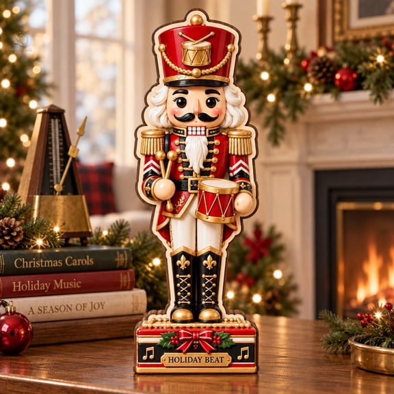 Wooden Block Decor, 3-Layer Drummer Nutcracker Shelf Sitter for Christmas Tabletop Music Lovers