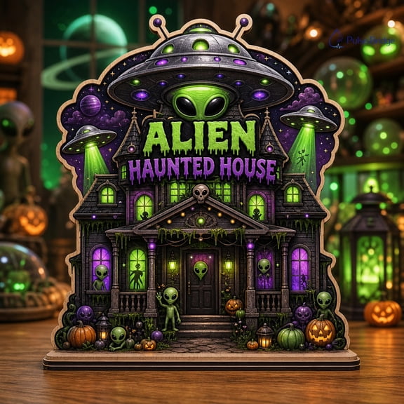 Wooden Block Decor Alien Haunted House Halloween Wood Tabletop Shelf Display for Halloween Lovers