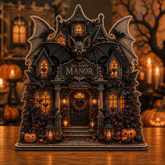 Wooden Block Decor Bat Colony Mansion Wooden Tabletop Halloween Gift for Gothic Home