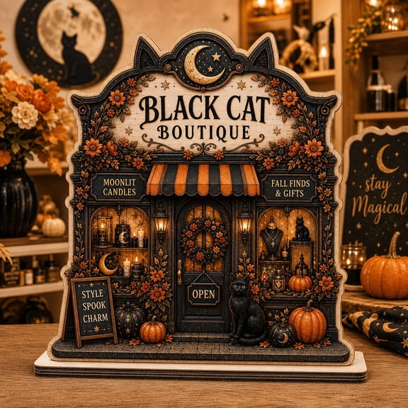 Wooden Block Decor Black Cat Boutique Halloween Fall Wood Tabletop Display for Autumn Decorating