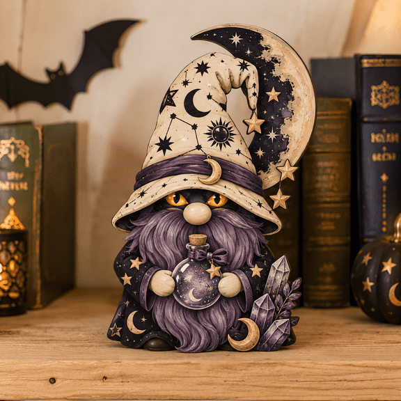 Halloween Wooden Block Celestial Moon Gnome, Spooky Mantel Shelf Sitter and Tabletop Decoration